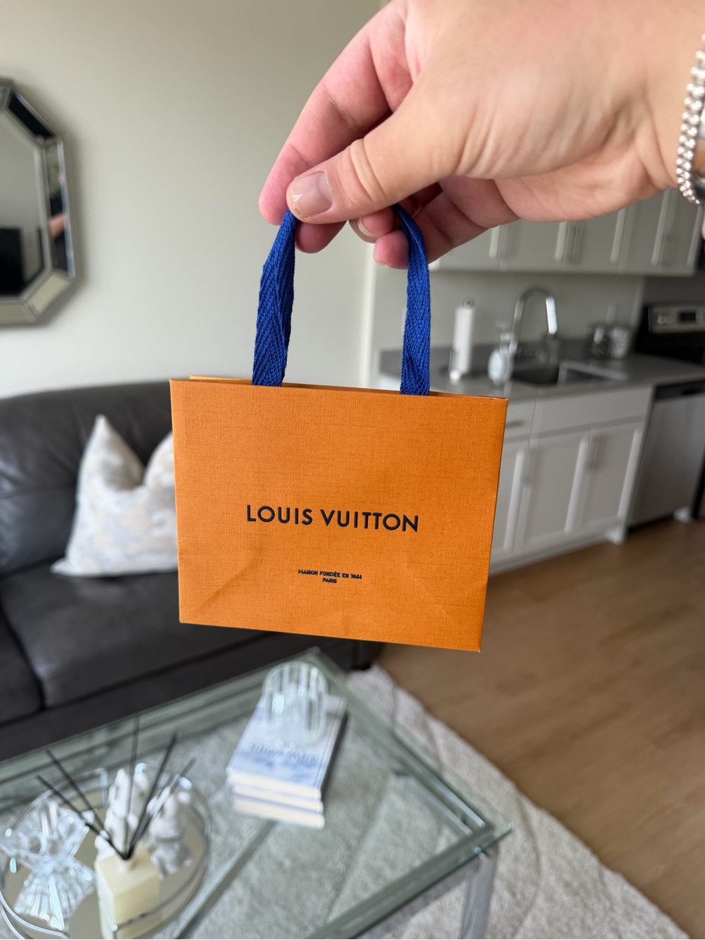 Louis Vuitton Orange Mini Gift Bag with Blue Handles